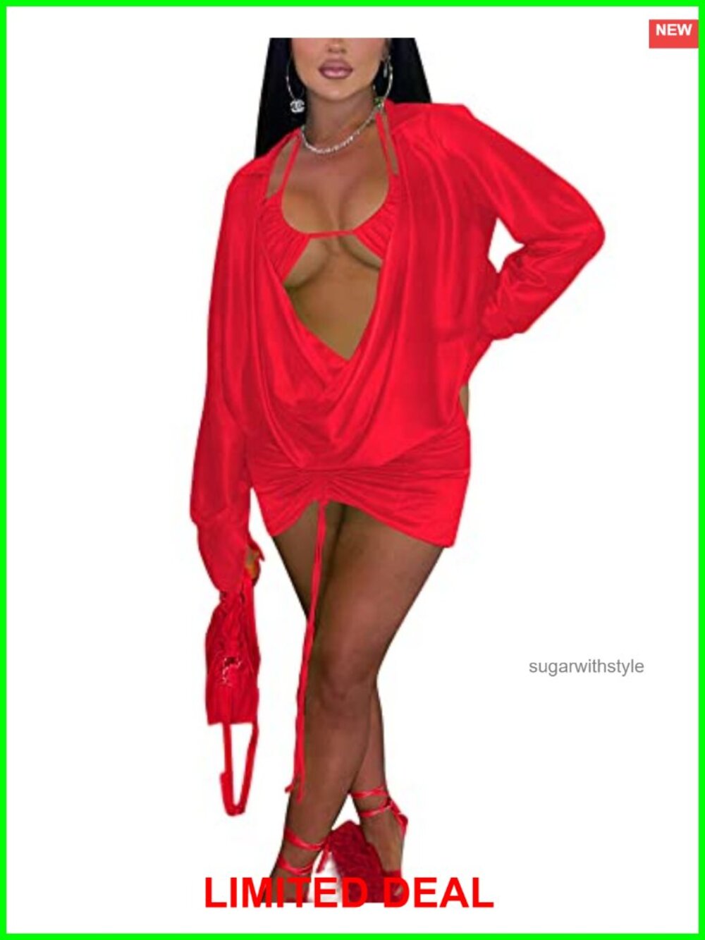 Women's Long Sleeve Satin Mini Dress 3 Piece Set Party Club Outfit